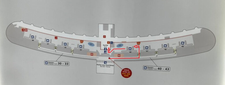パリ シャルルドゴール空港ターミナル2Eのイミグレ通過後の地図の拡大版